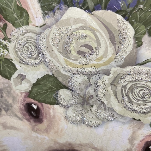 NEW! Cottage Farmhouse Rustic Wood Frame Farm Pig Glitter Floral Rose Crown Art - Picture 3 of 9